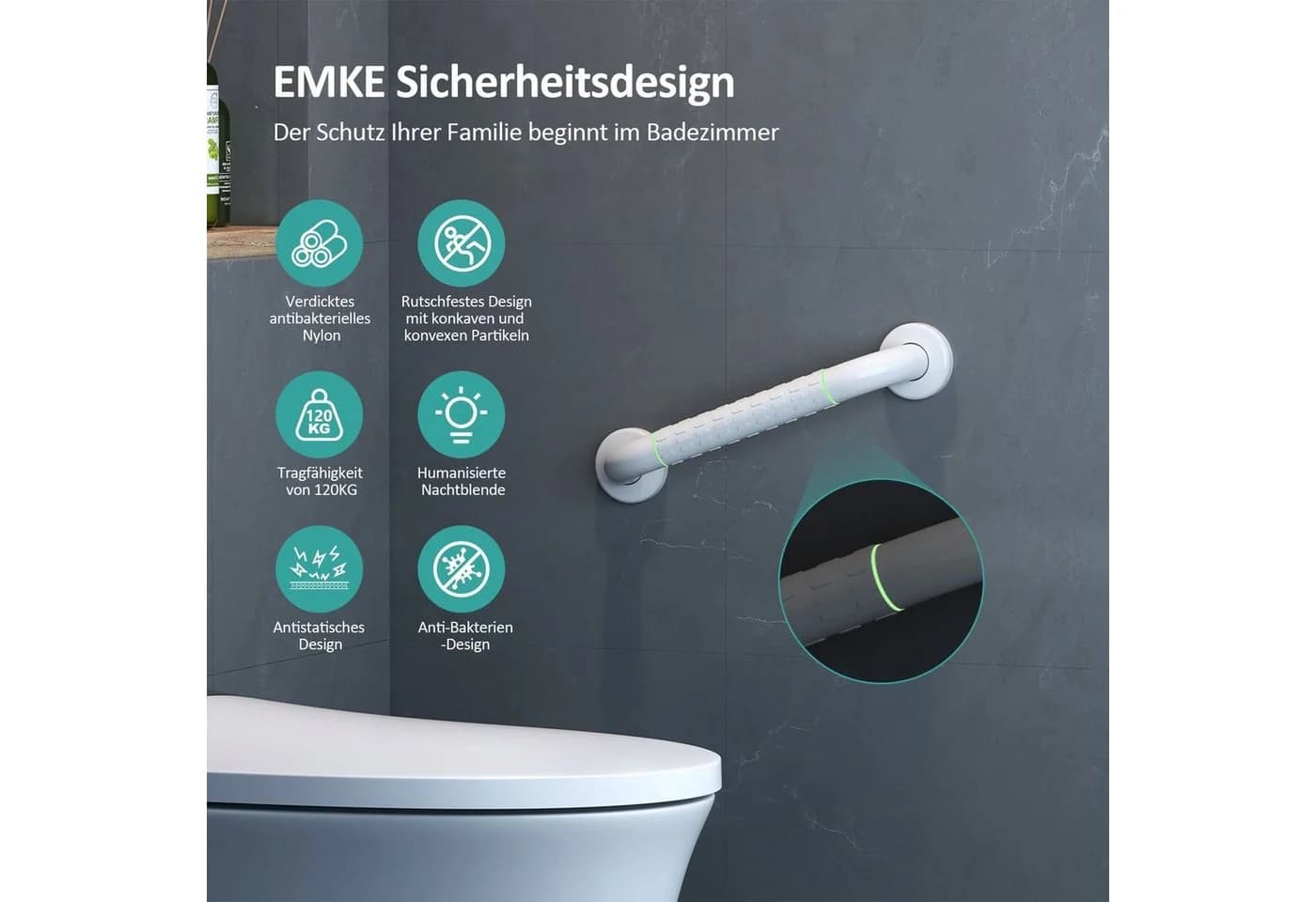 EMKE Haltegriff mit Nachtleuchtfunktion und rutschfester Oberfläche Weiß