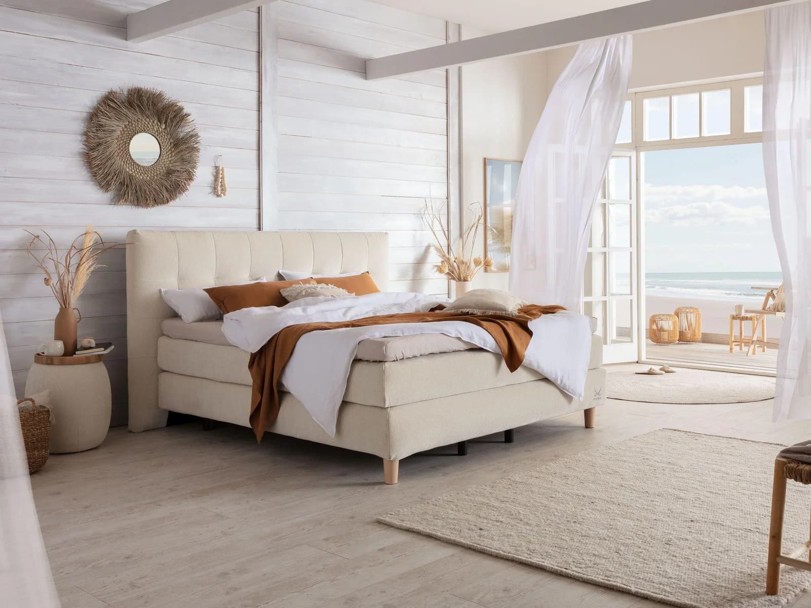 Boxspringbett SANSIBAR VINTERDAL Beige Stoff Westerland Kopfteil