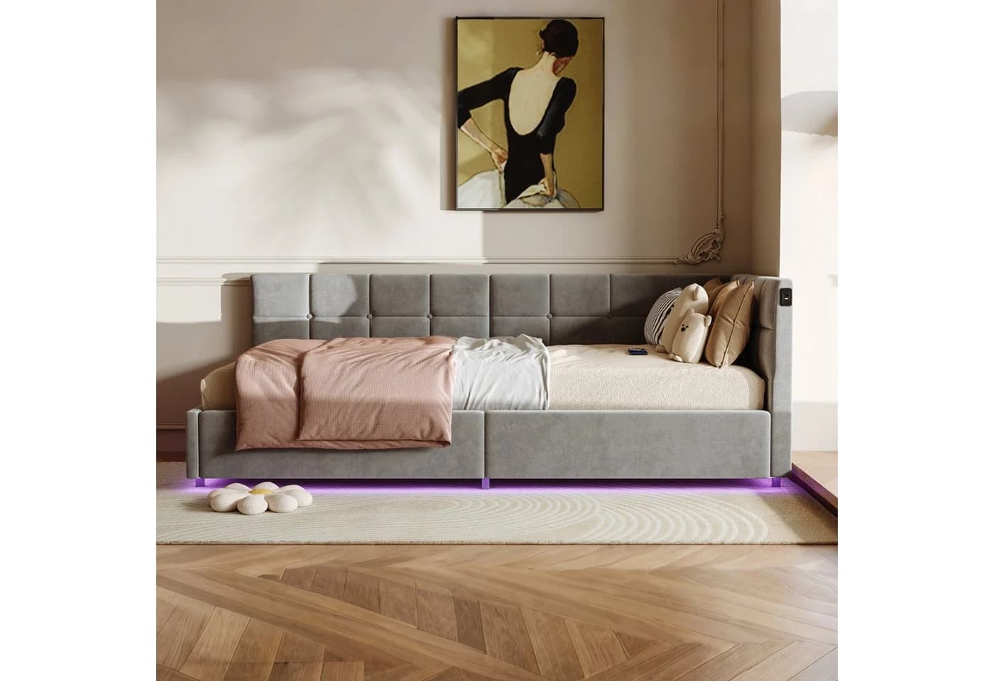 PXloue Polsterbett mit LED und USB-Ladeanschluss Grau