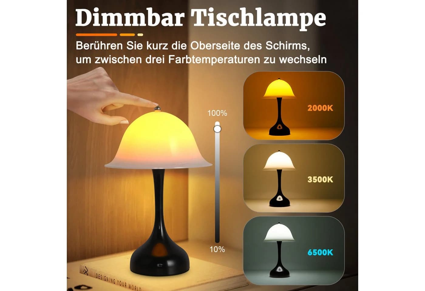 ZMH LED Tischleuchte Akku Touch Dimmbar Schlafzimmerlampe USB, 2000K-6500k