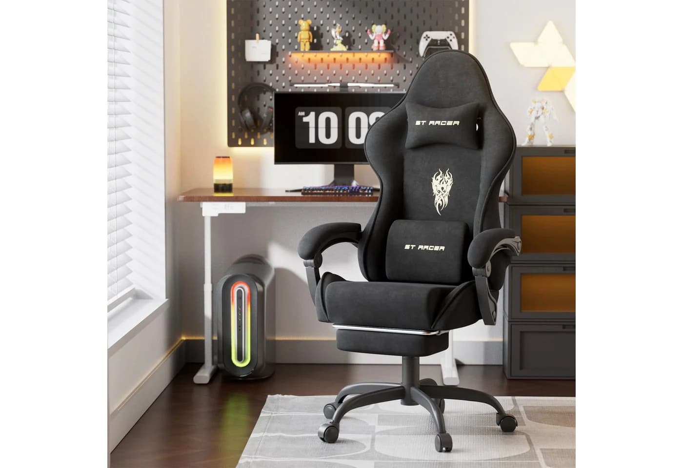 Ferghana Gaming-Stuhl Racing PC Stuhl Verstellbar mit Kopf-, Lendenkissen, Fußstütze Ergonomisch, atmungsaktiv
