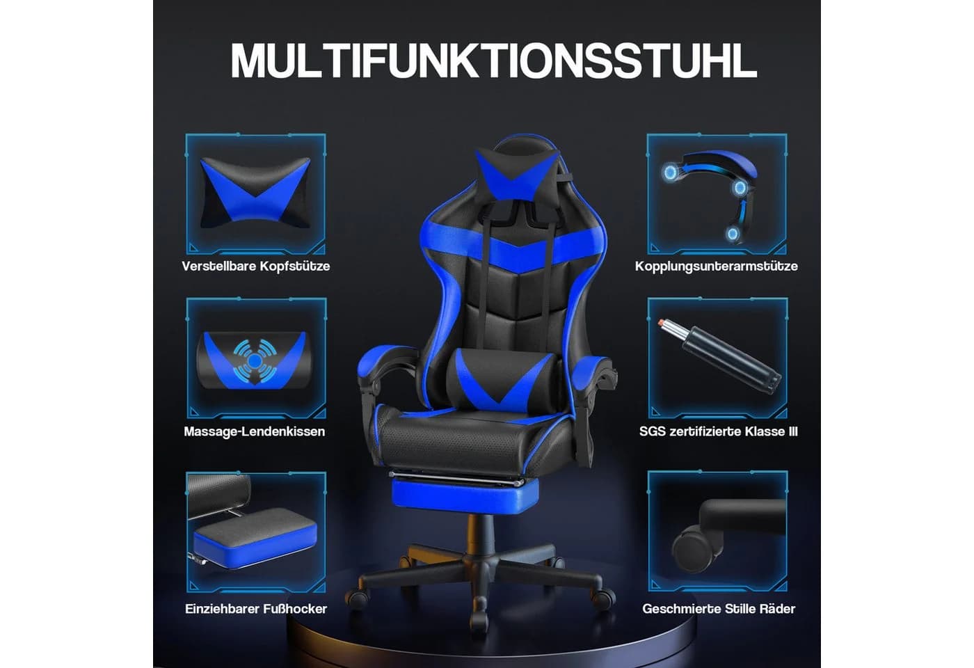 Ferghana Gaming-Stuhl mit Massagefunktion, Kopfstütze und Fußstütze