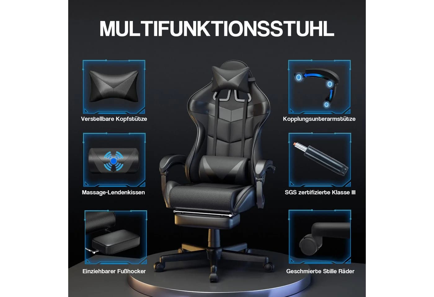 Ferghana Gaming-Stuhl mit Massagefunktion, Fußstütze und Kopfstütze