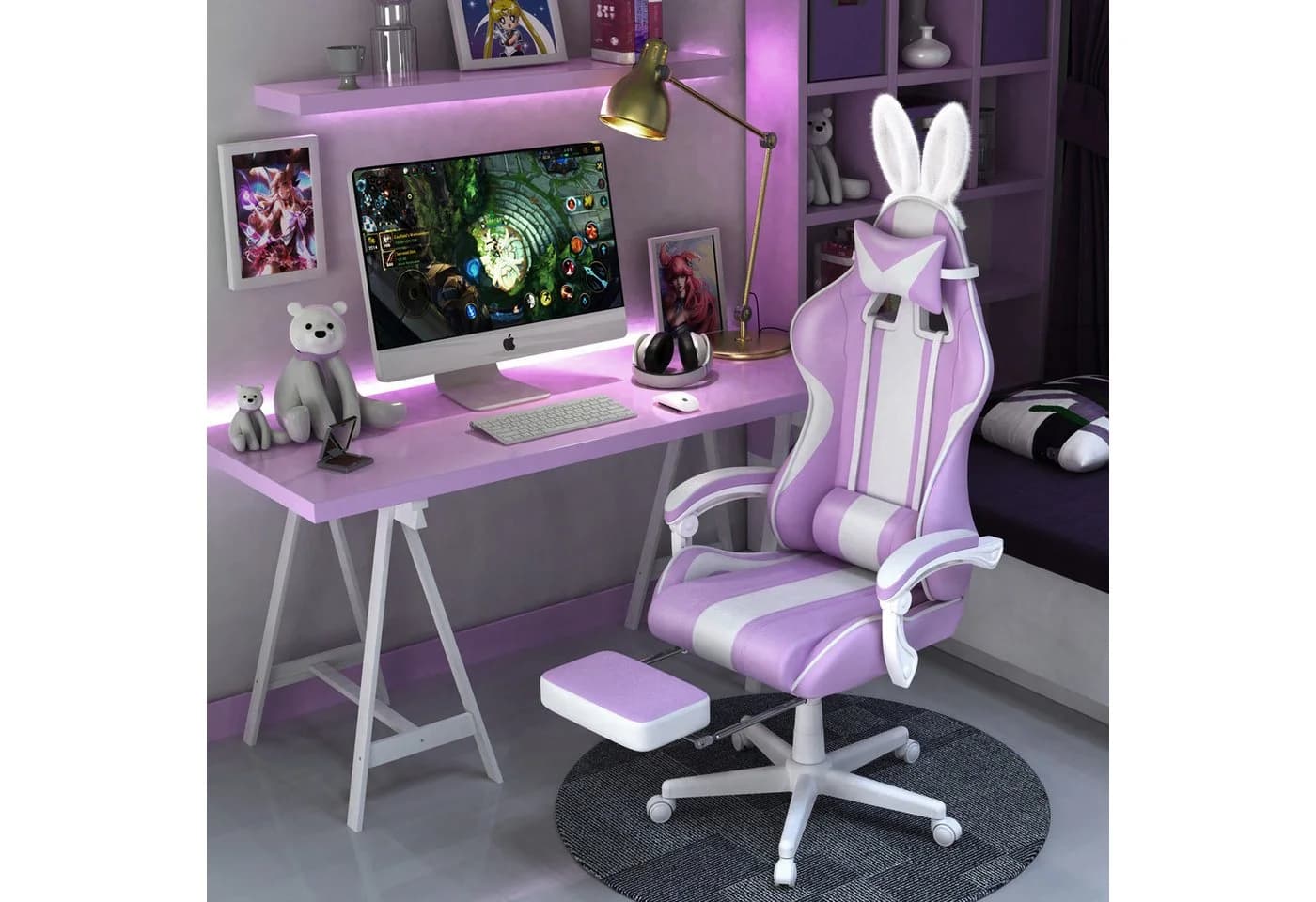 Ferghana Gaming Chair Racing Stuhl Lila mit Fußstütze & Kopfstütze