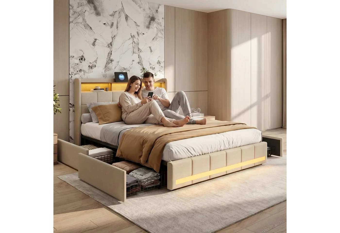 Furnishings Home Polsterbett Stauraumbett mit LED-Beleuchtung und Schubladen