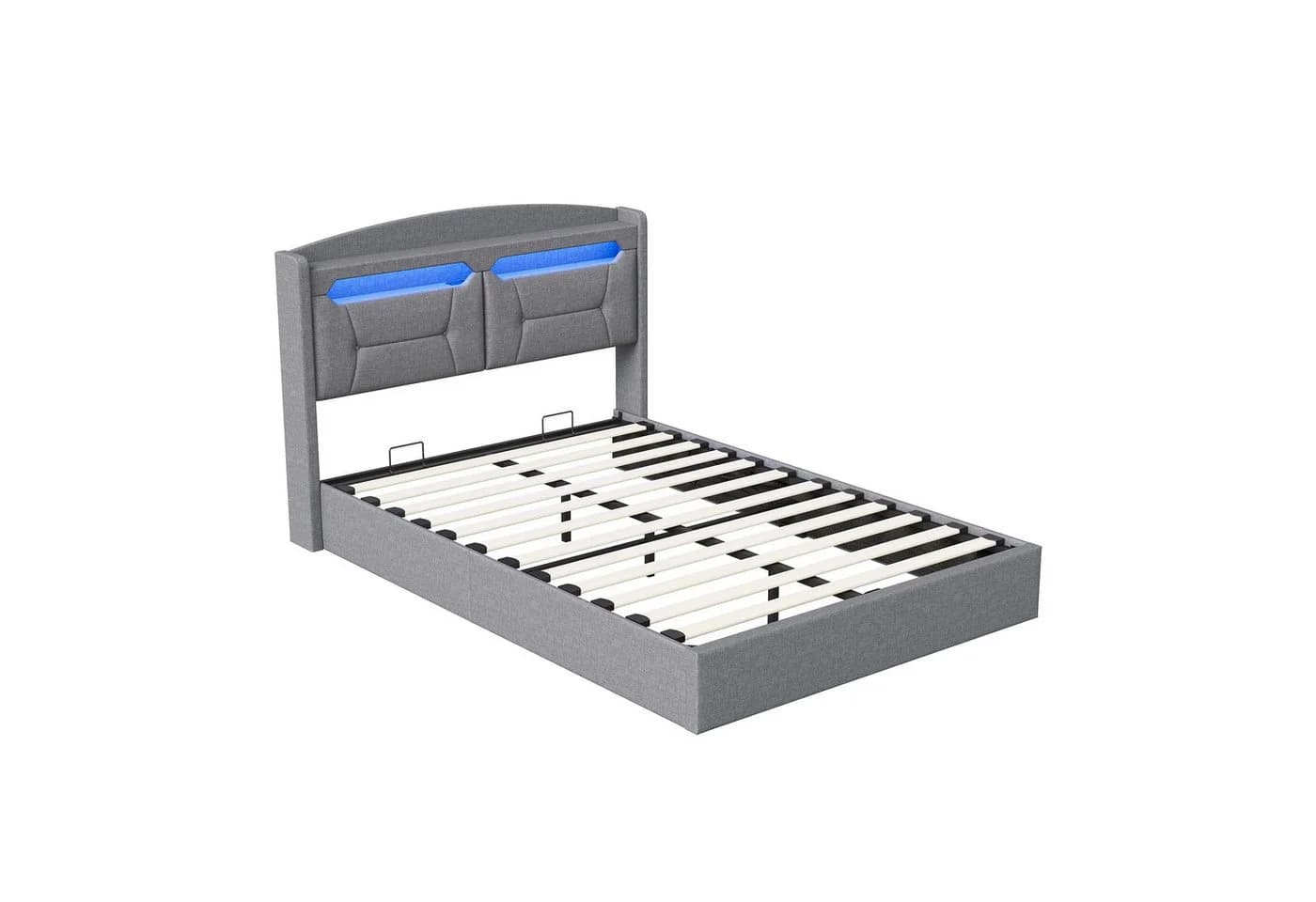 Gdood Polsterbett Doppelbett Grau mit LED Licht und Stauraum
