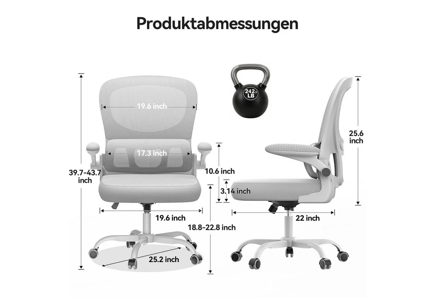 ZAISZE Bürostuhl Grau/Weiß Netz Sitz Gaslift Rollen