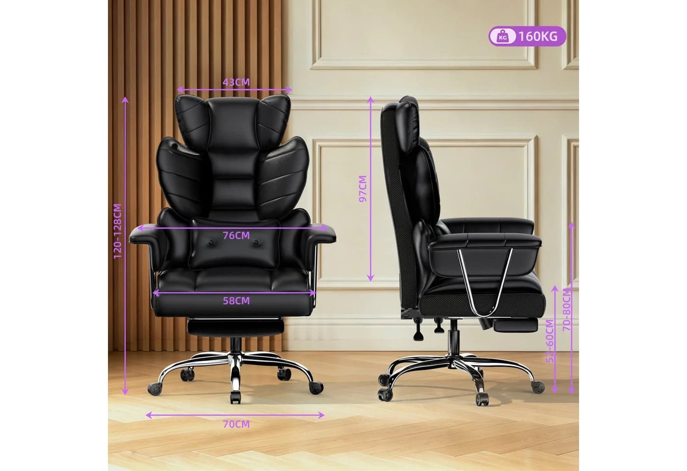 ZAISZE Bürostuhl Ergonomischer Leder Chefsessel mit Fußstütze Schwarz