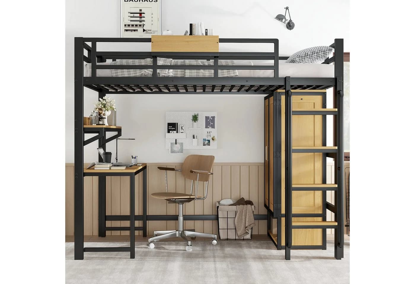 MODFU Hochbett mit Kleiderschrank und Schreibtisch Schwarz