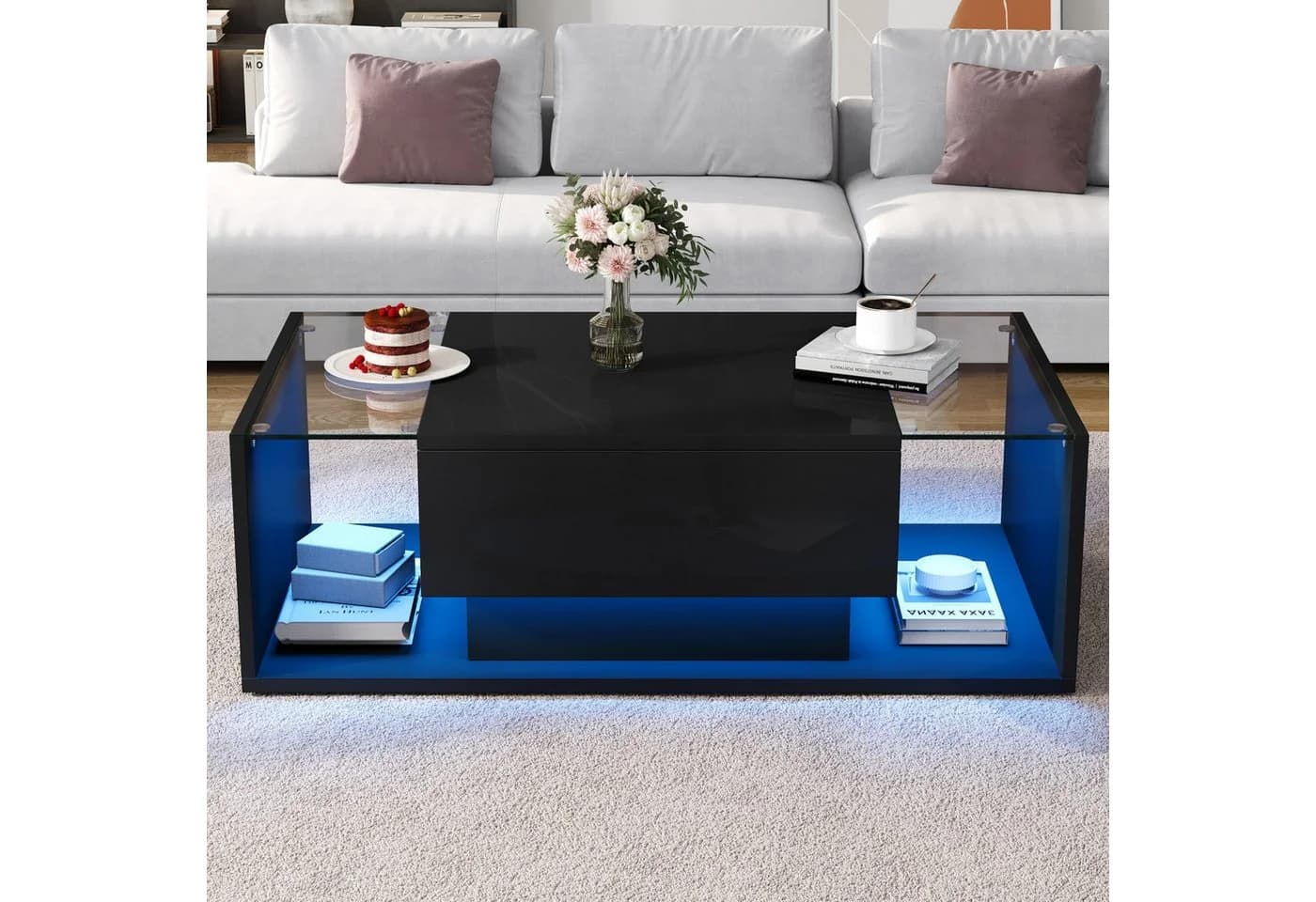 REDOM Couchtisch Hochglanz LED-Beleuchtung 100x50x31 cm
