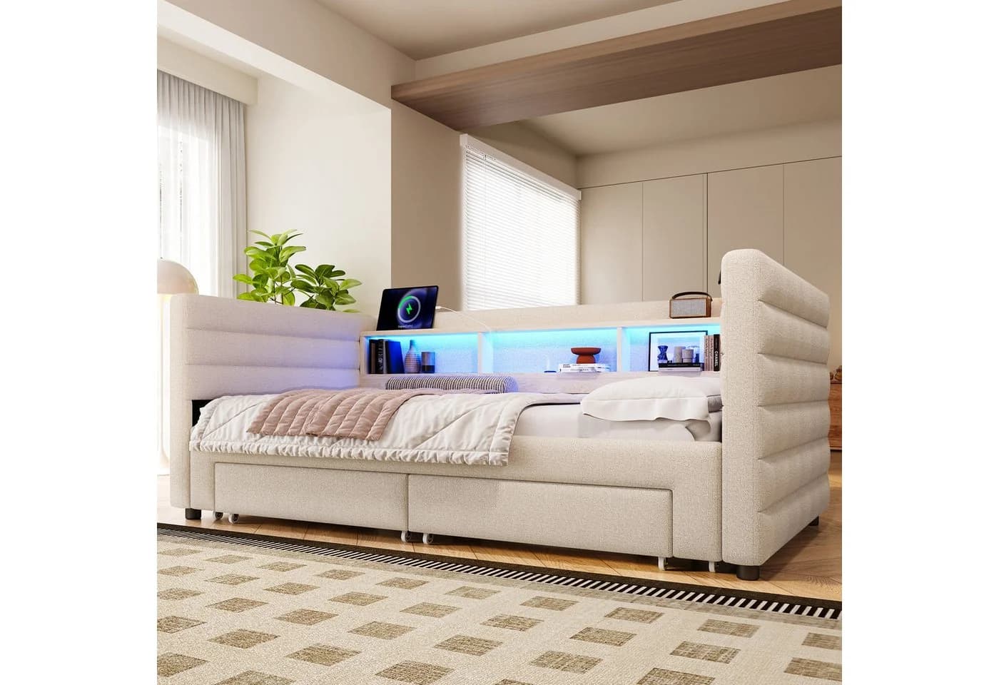 MODFU Schlafsofa inklusive USB- und Typ-C-Anschlüsse, Kinderbett mit multifunktionalem Ausziehbett, LED-Beleuchtung & Stauraum, Polsterbett 90x190 cm & 180x190 cm, ohne Matratze