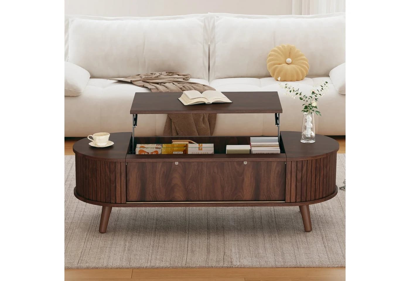 MODFU Couchtisch mit Hubtischfunktion & Stauraum Nussbaum