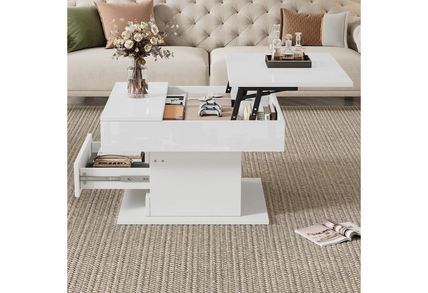 OKWISH Couchtisch Weiß 360° drehbar mit Schublade