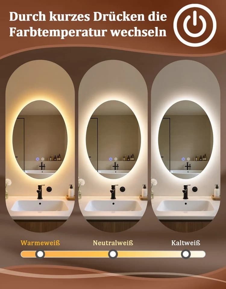 Nettlife Badspiegel Oval mit Beleuchtung, Touch-Steuerung & Entfogger-Funktion