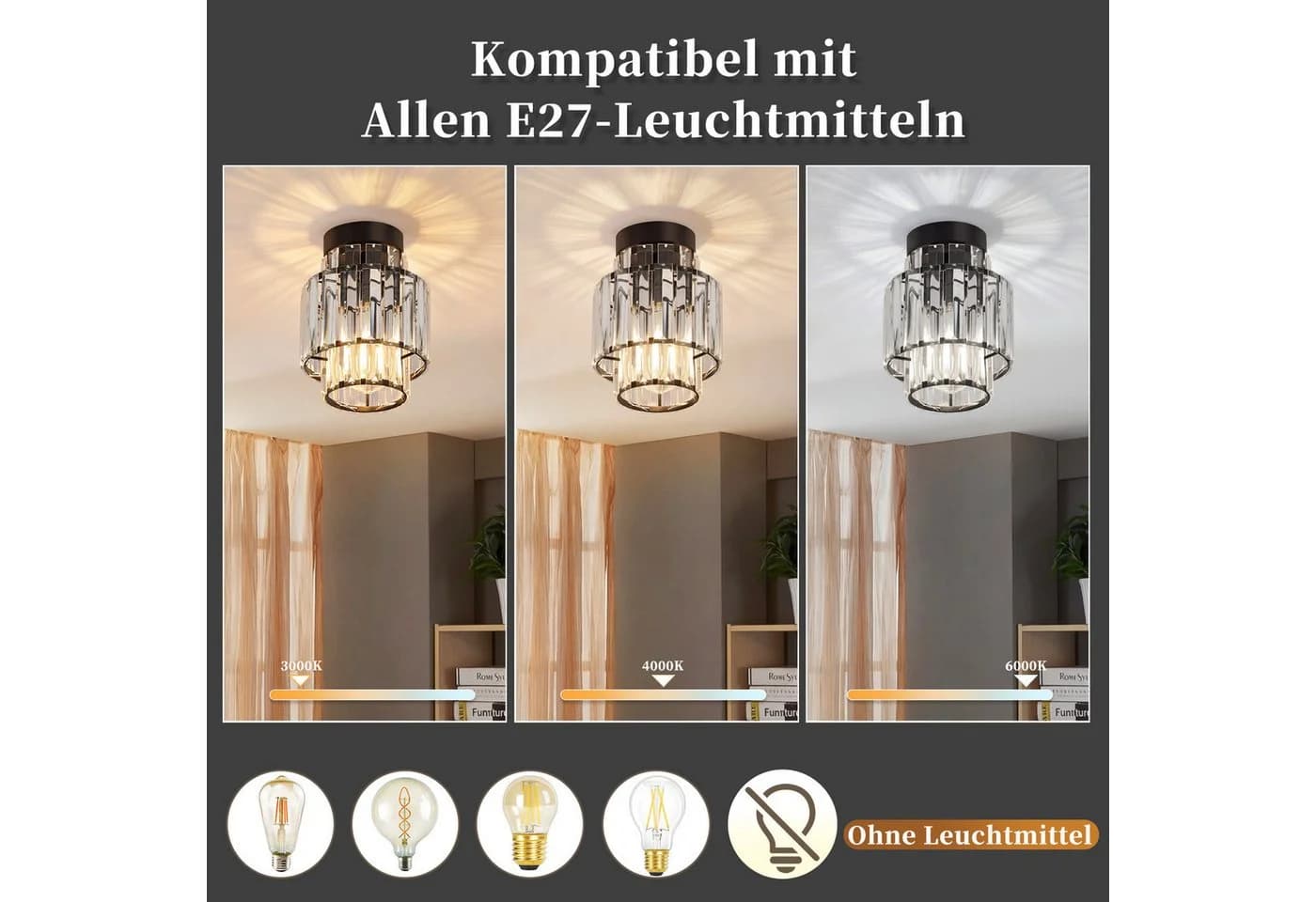 Nettlife Deckenleuchte Kristall Moderne schwarz Vintage Kronleuchter E27