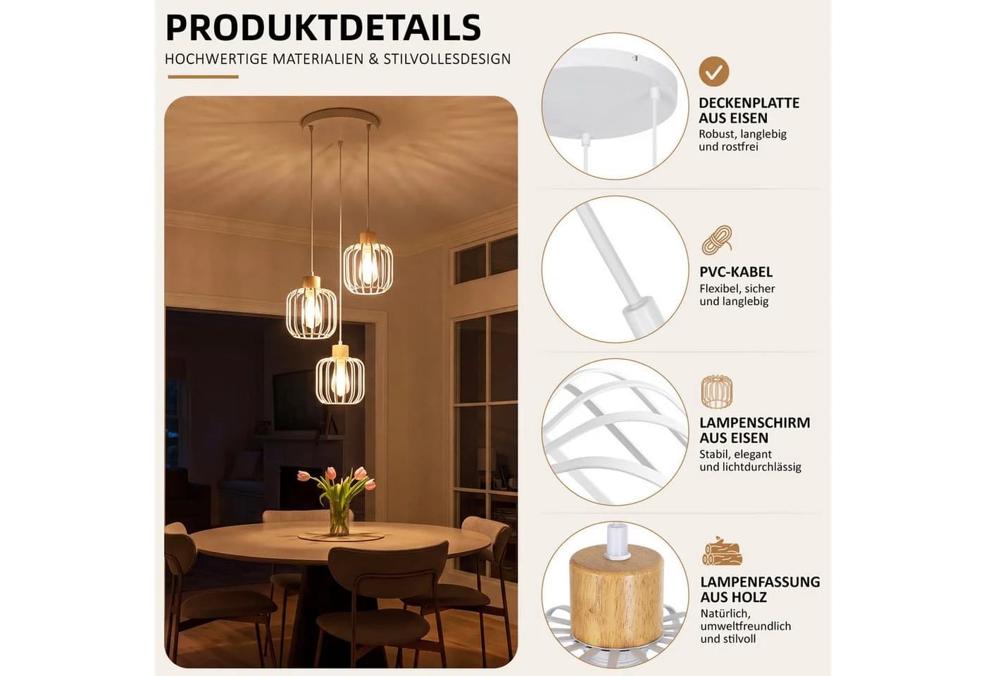Nettlife Pendelleuchte 3-flammig Weiß/Grau Holz & Metall E27
