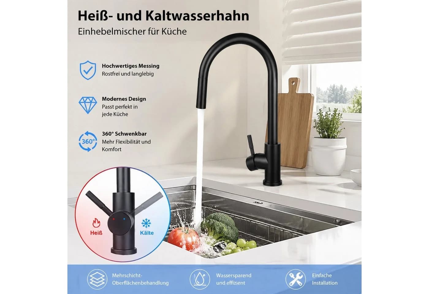 Ledklang Küchenarmatur ausziehbar Schwarz/Silber 360° schwenkbar