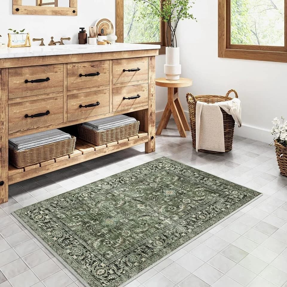 PURECOZY Retro Teppich Grün Rutschfest Wohnzimmerteppich