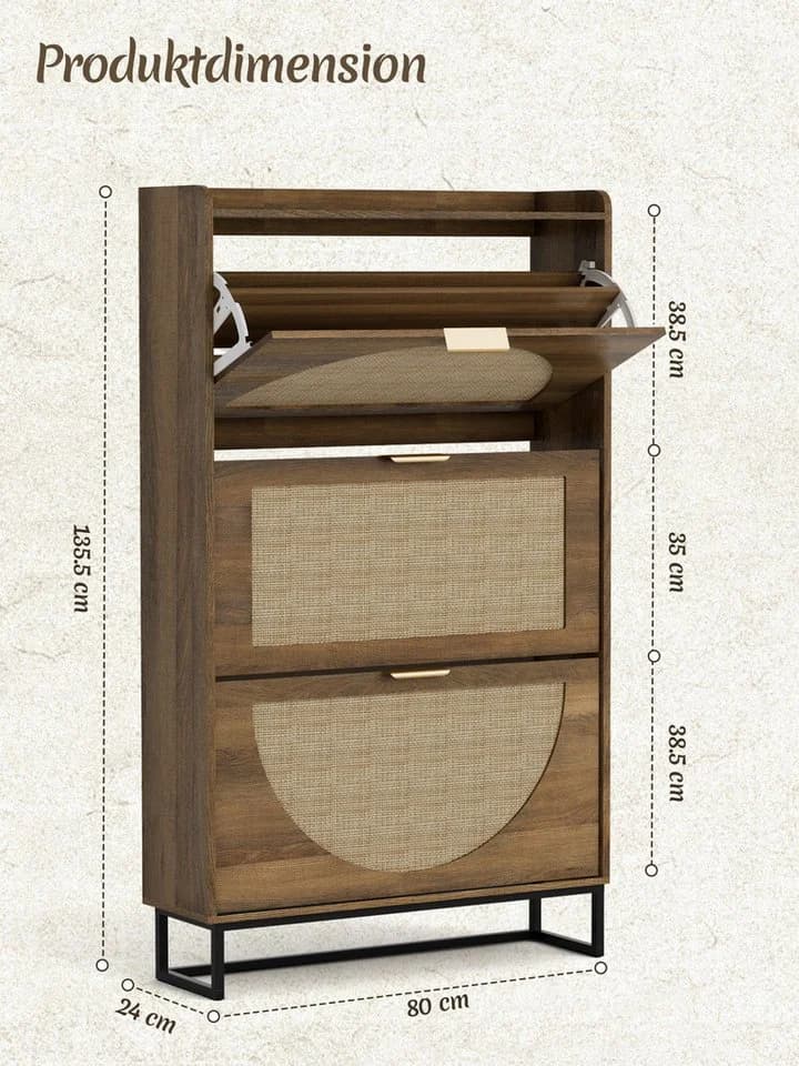 FiveWillowise Schuhschrank Schmal Braun 3 Klapptüren Rattan