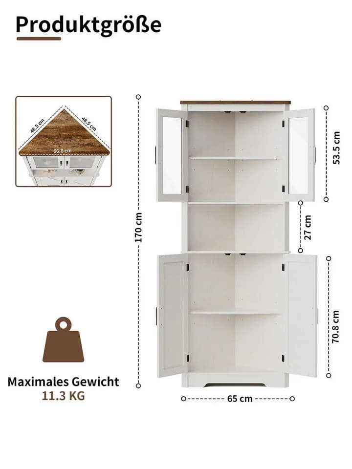 FiveWillowise Eckschrank Weiß Modern 5 Ablagen 4 Türen