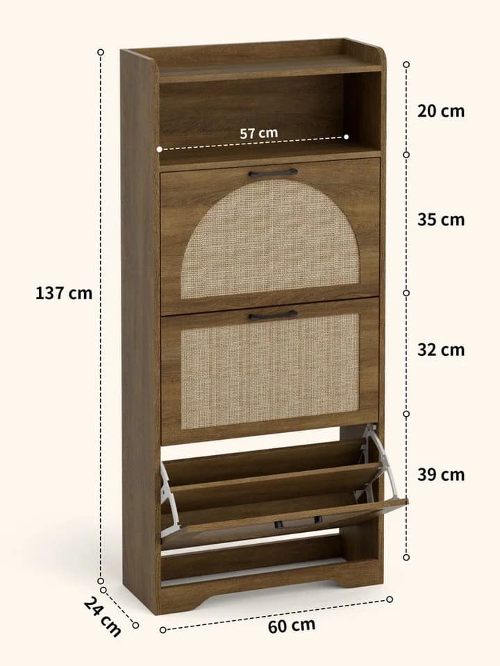 FiveWillowise Schuhschrank Braun Rattan-Finish 3 Türen