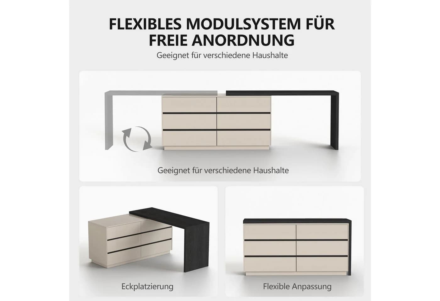 oleyluckidea L-förmiger Schreibtisch mit 6 Schubladen Beige/Schwarz