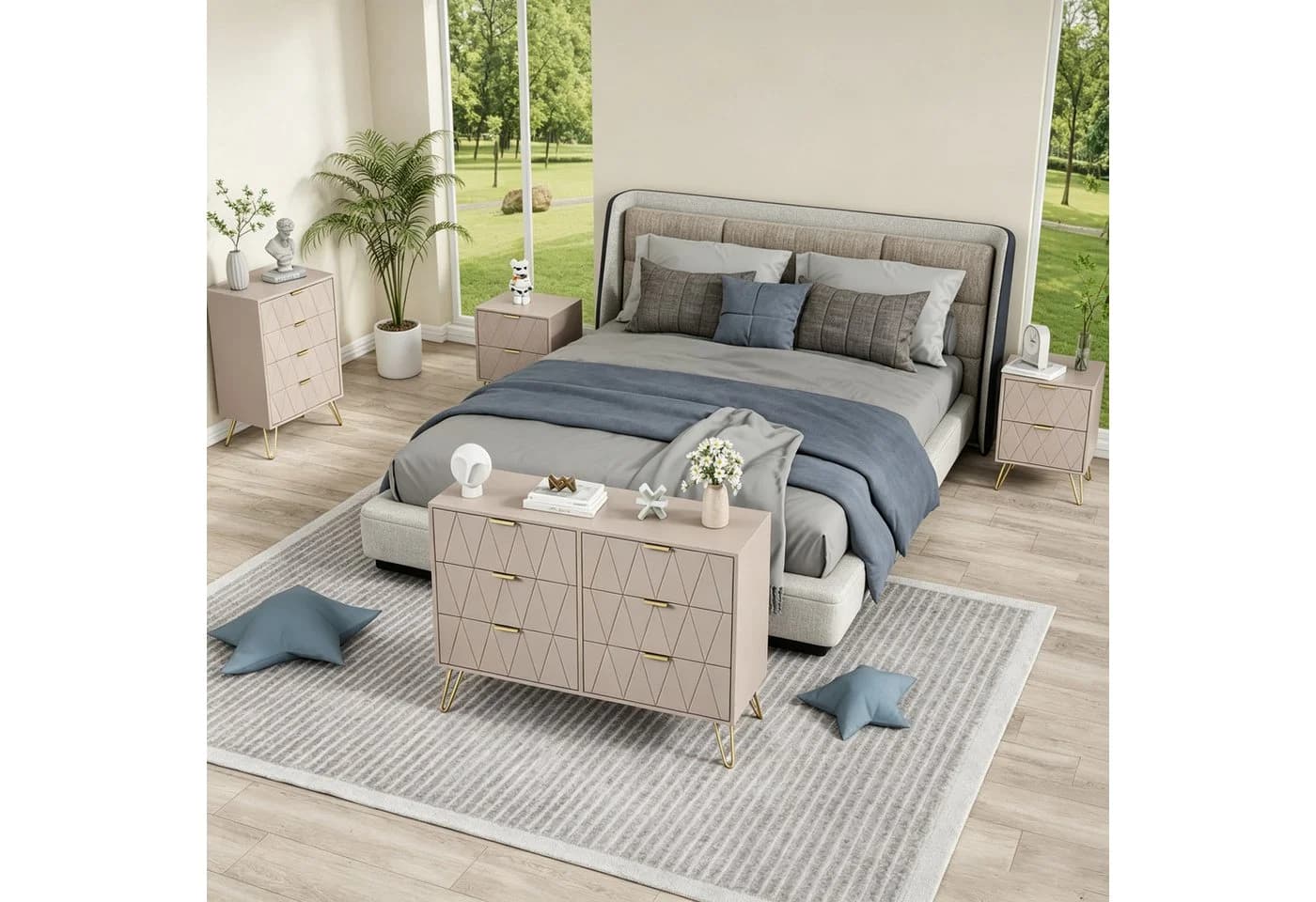 UEV Schlafzimmer-Set 3-teilig Kommode & 2 Nachttische Weiß Schwarz Blau