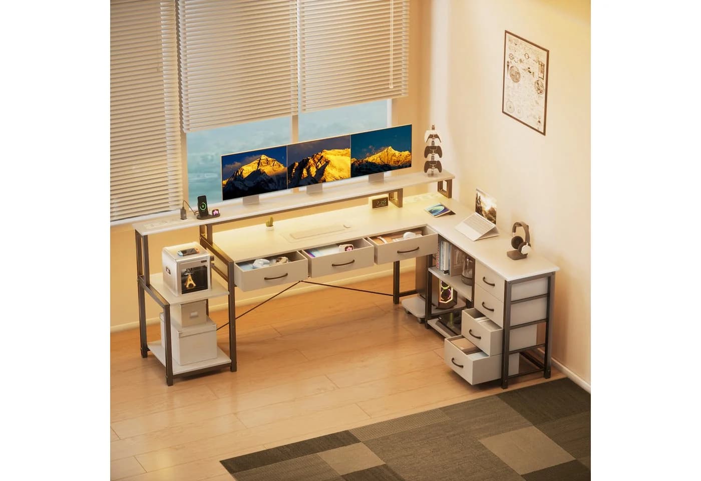BBWL Computertisch mit 7 Schubladen, RGB-LED & Steckdosen Weiß