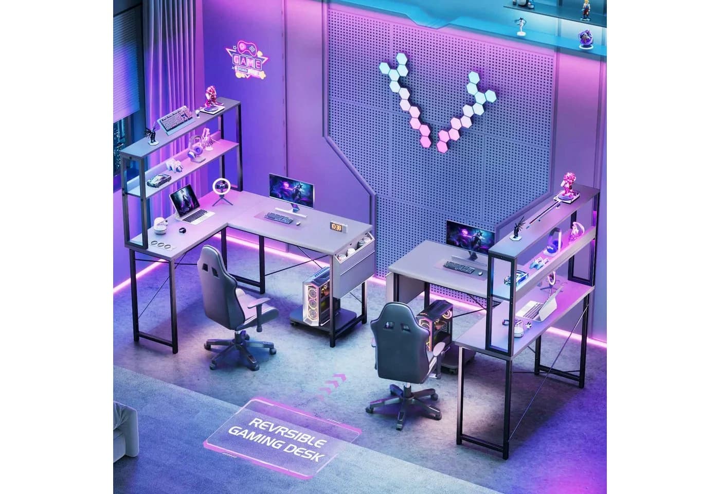 BBWL Doppelstock-Computertisch mit RGB-LED und Steckdosenleiste weiß