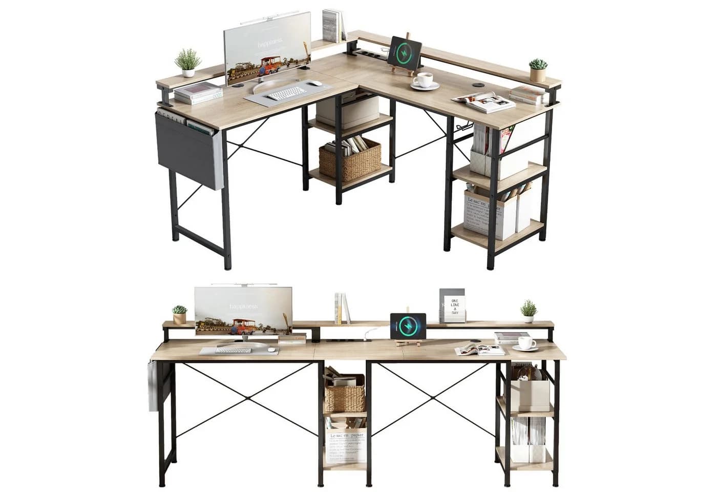 BBWL L-förmiger Gaming-Schreibtisch mit LED, Steckdose, Monitorständer, 140 x 140 x 85 cm, mit Ablagefach, langer 2-Personen-Schreibtisch