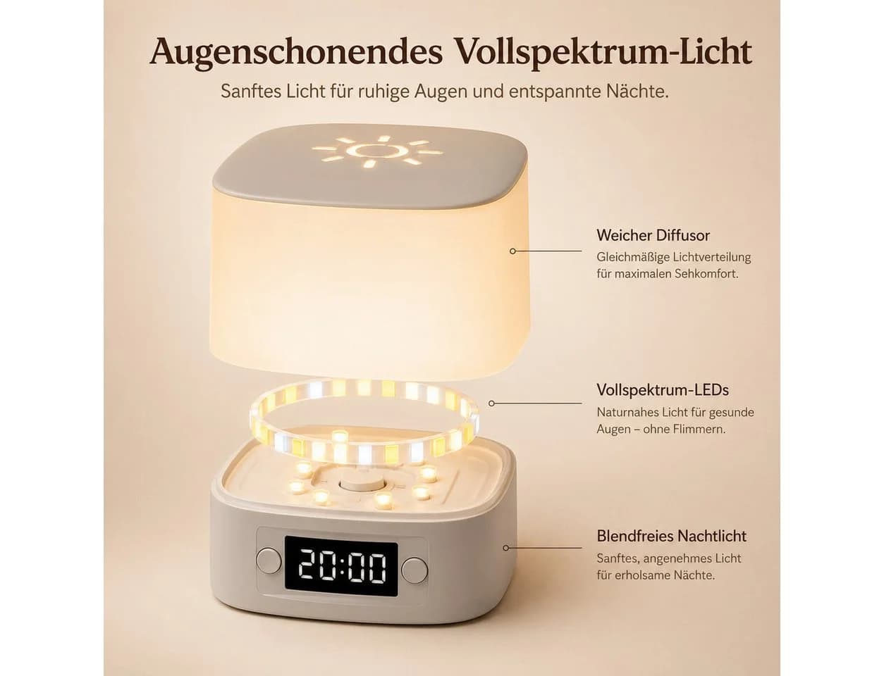 Fyrove Nachtlicht mit Uhr & Wecker, dimmbar, 3 Lichtfarben, wiederaufladbar