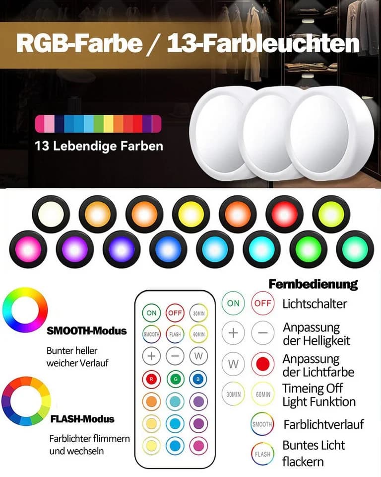 Fyrove LED Unterbauleuchte 3er Set RGB dimmbar mit Fernbedienung