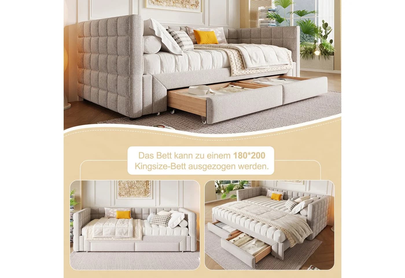 REDOM Daybett Beige Samt mit Stauraum & ausziehbar