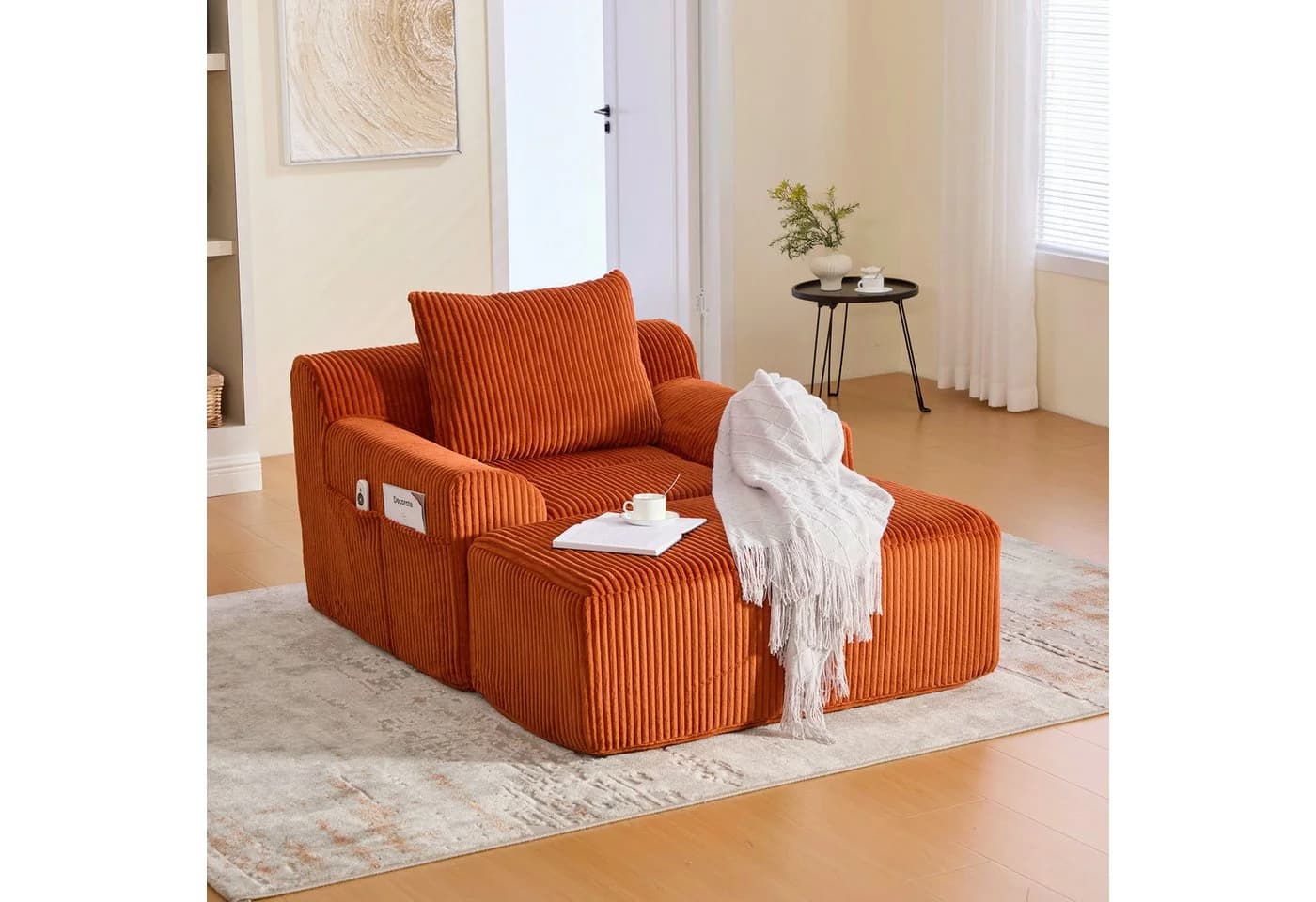 OKWISH Loungesessel Orange Kordsamt mit Fußpedal & Stauraum