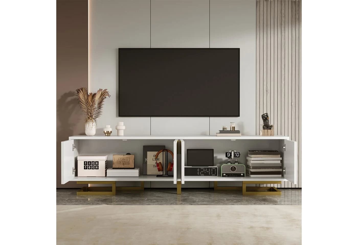 MODFU Lowboard mit Regalfächern, Goldbeine, TV-Möbel, 4 Türen