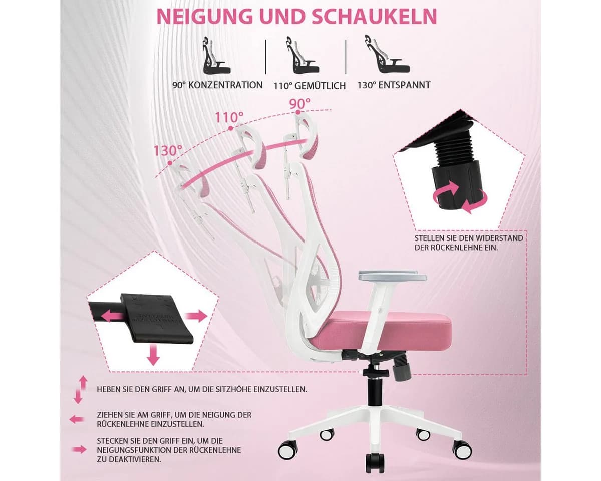 Durrafy Bürostuhl 200kg Ergonomisch Rosa Netz