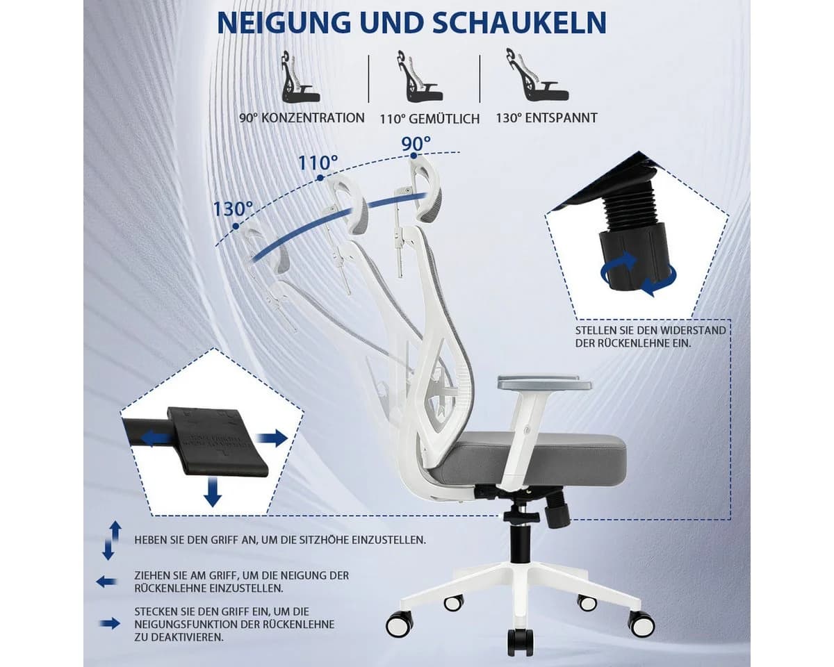Durrafy Bürostuhl 200kg Grau Ergonomisch mit Netzgewebe