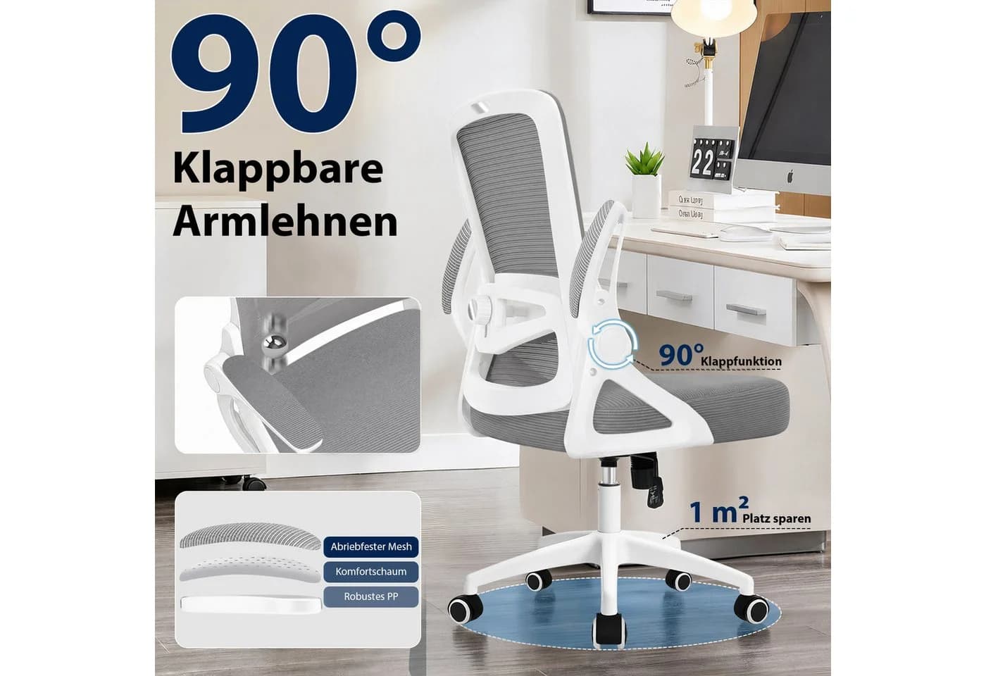 Hoolamyie Bürostuhl mit Lendenstütze und klappbaren Armlehnen Grau