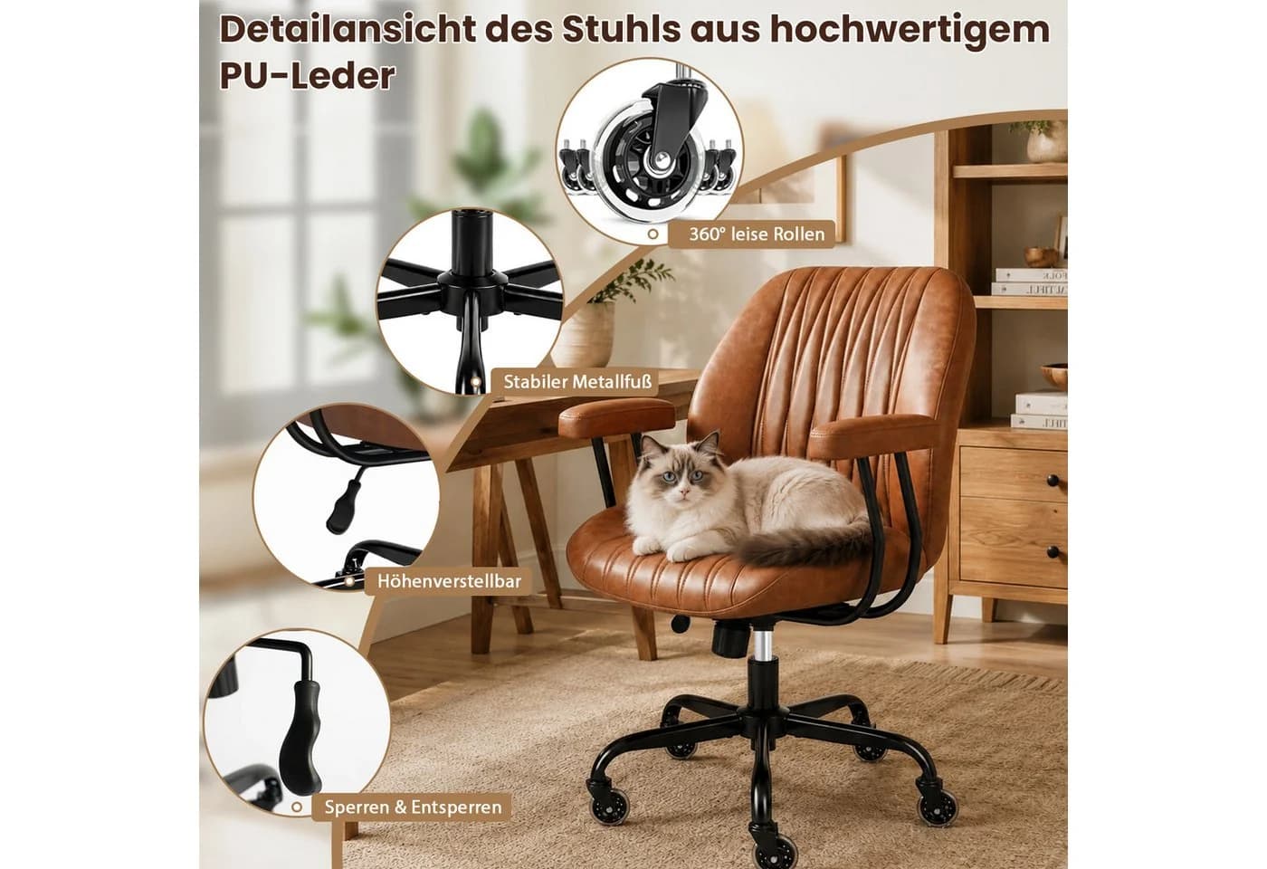 Hoolamyie Bürostuhl mit Lendenstütze & PU-Leder, höhenverstellbar, braun