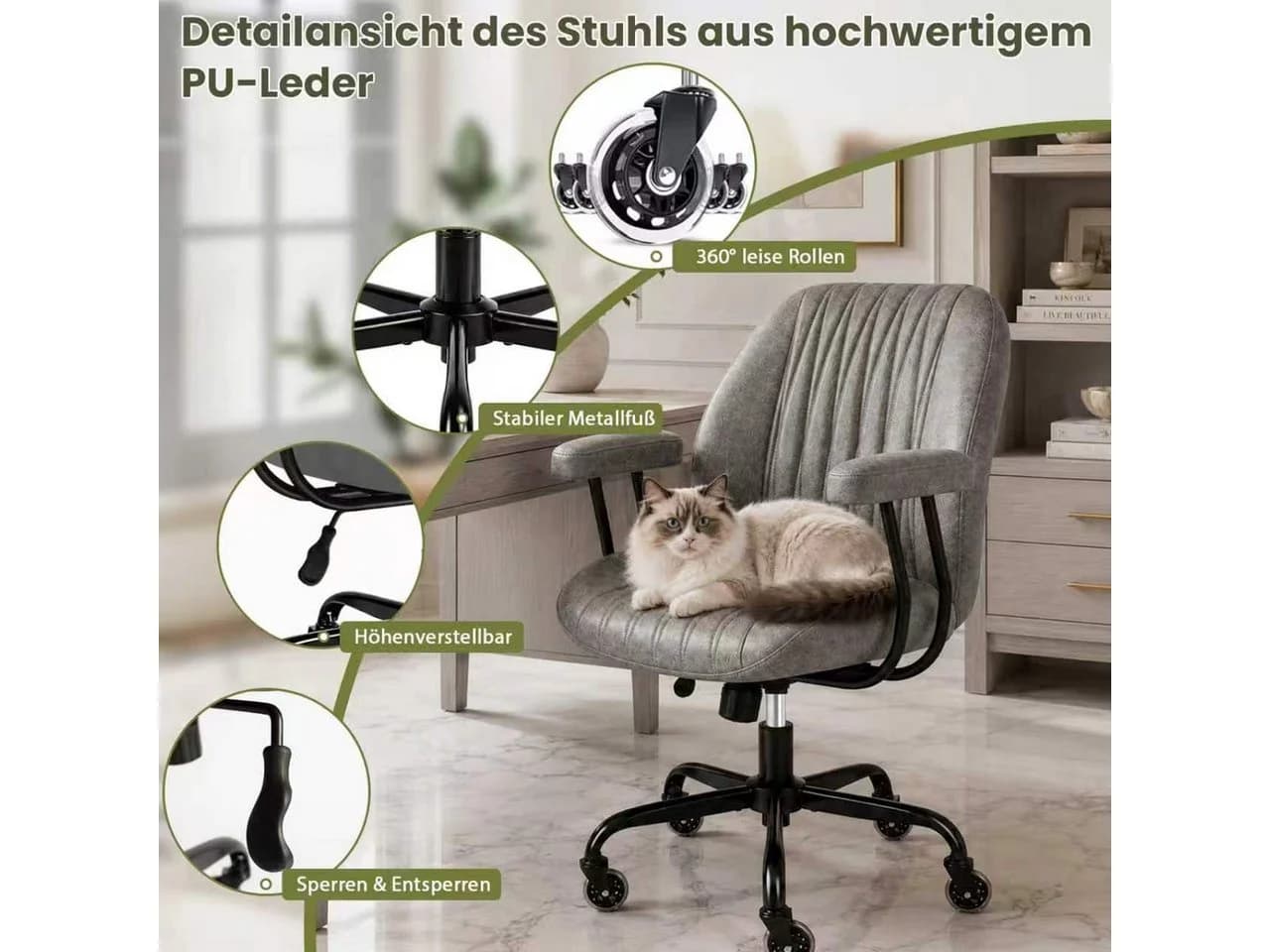 Hoolamyie Bürostuhl grau mit PU-Leder und ergonomischer Lendenstütze