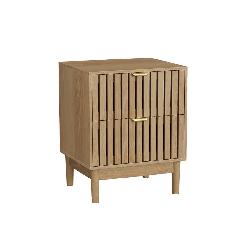 BBWL Nachttisch 2 Schubladen Eichenoptik Lattenrost Design Mid-Century Modern