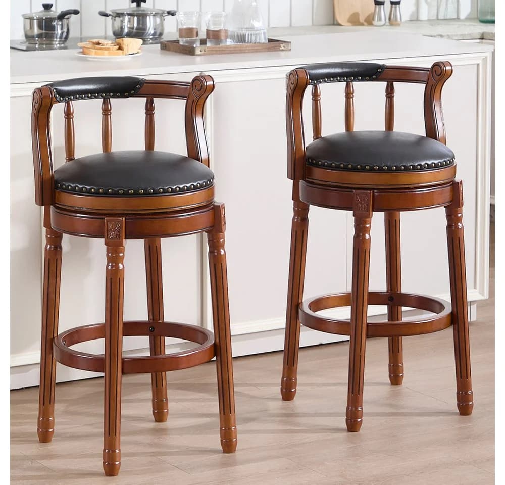 BBWL Barhocker Echtleder drehbar Holz mit Rückenlehne 360° Schwarz