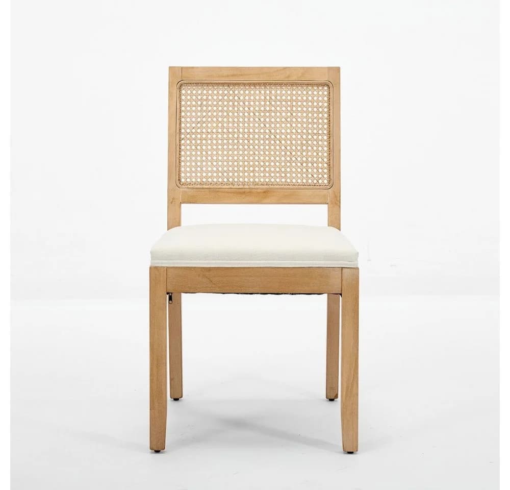BBWL Esszimmerstuhl 2er Set Beige Rattan Leinen Polsterstuhl Massivholz