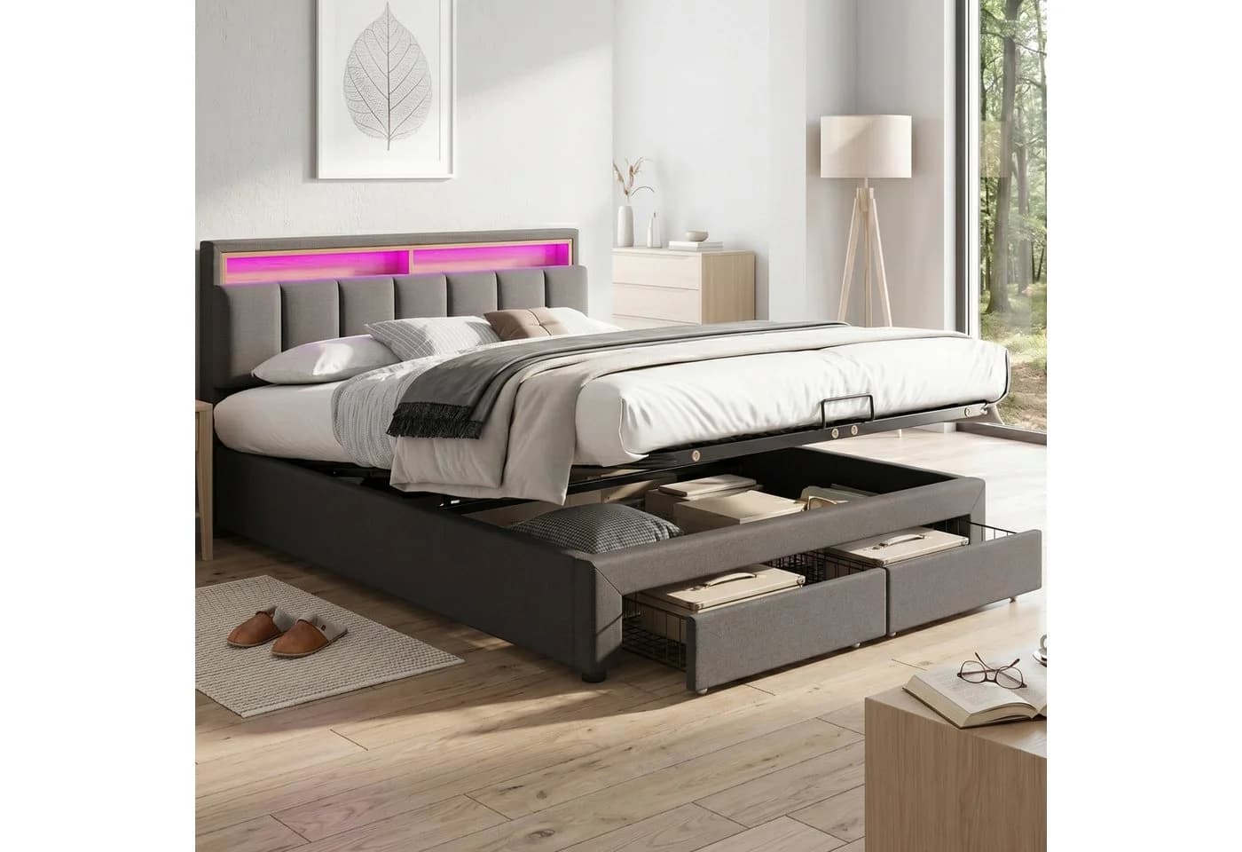 REDOM Polsterbett 180x200 Grau mit Stauraum und LED