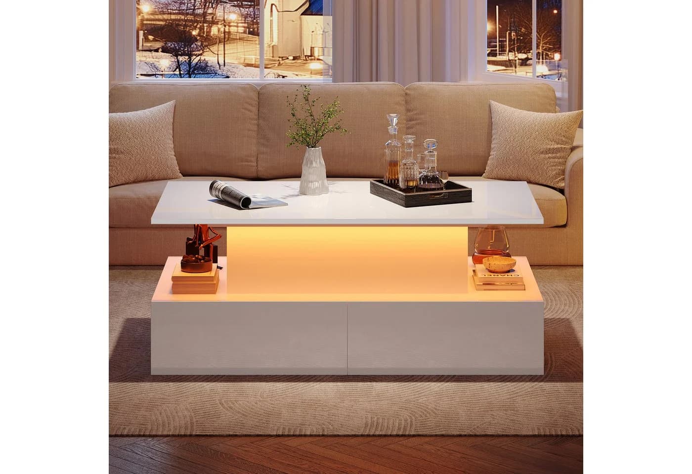 OKWISH Couchtisch mit Stauraum und LED-Beleuchtung Weiß
