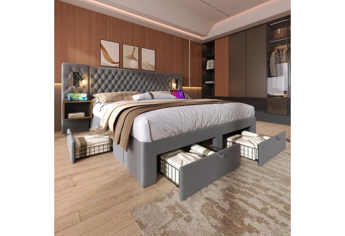 OKWISH Polsterbett Bettanlage Schlafzimmer Komplett Set 180x200 cm Grau
