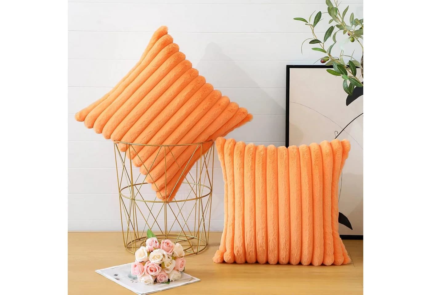 OKWISH Kissenbezüge 2er Set Orange Kunstfell Plüsch