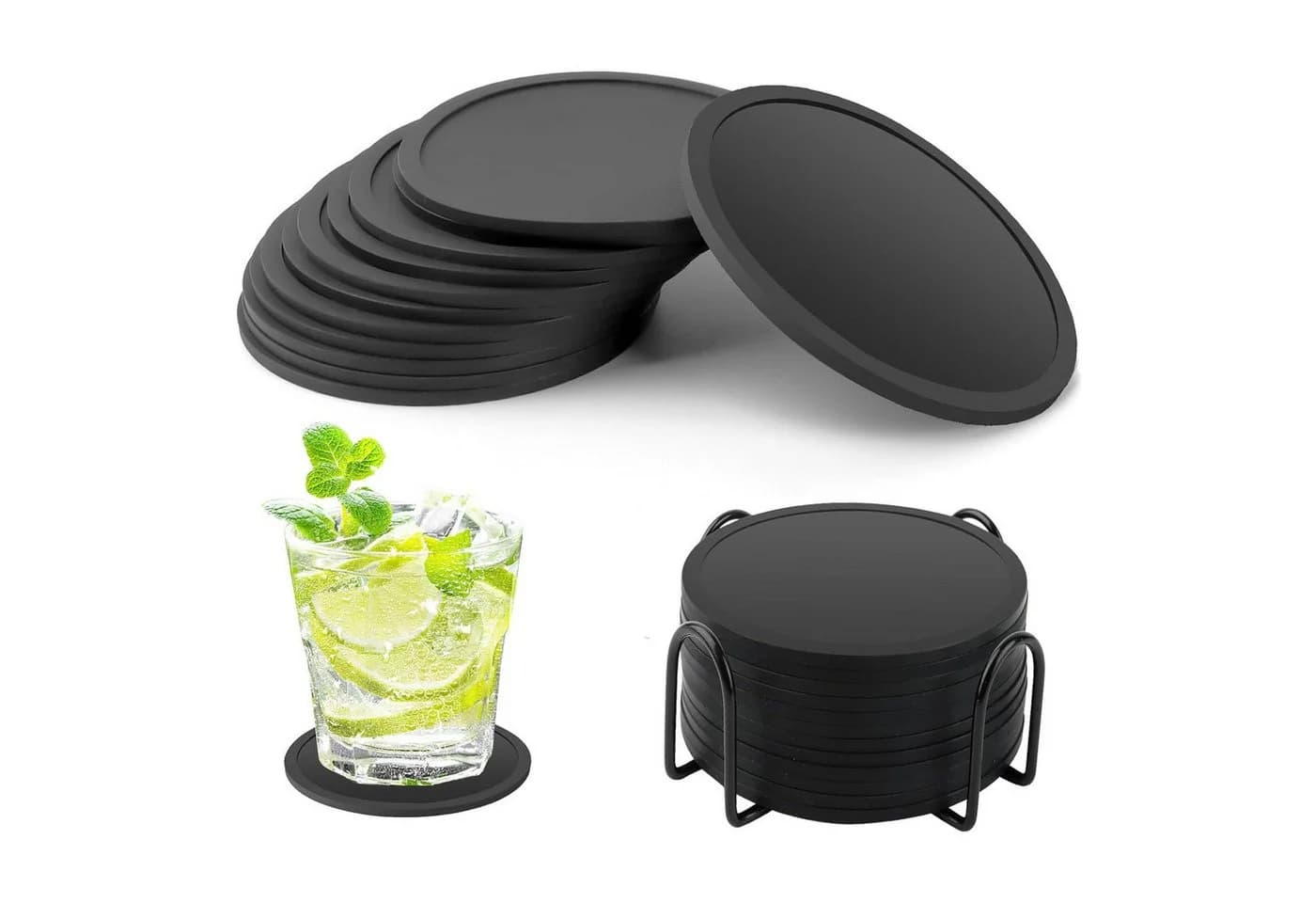 OKWISH 12er Silikon-Untersetzer Set mit Edelstahl-Halter Schwarz