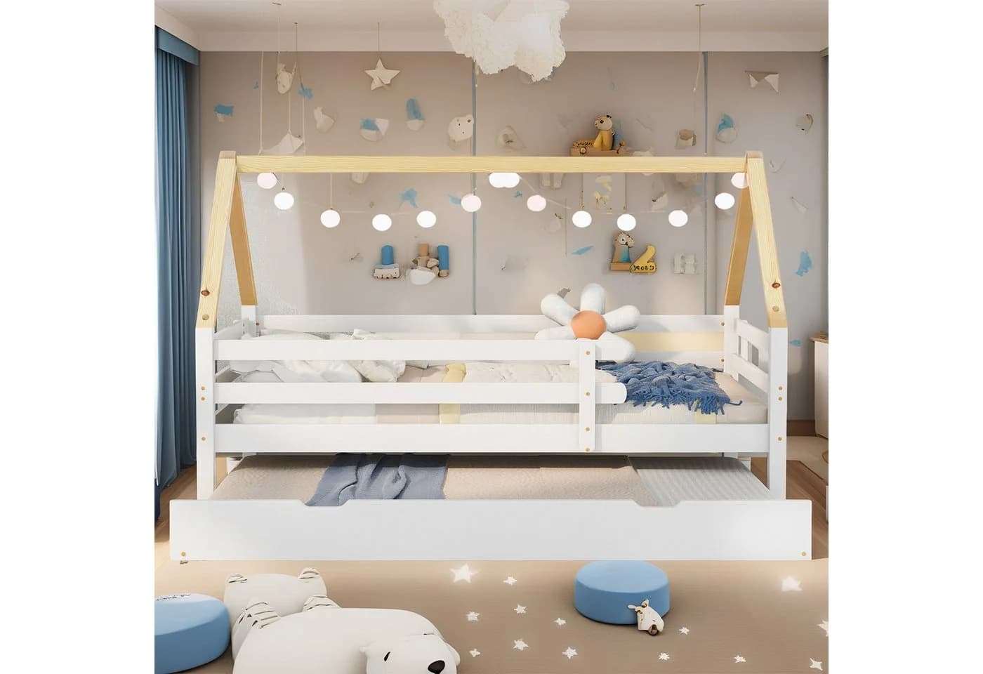 REDOM Kinderbett mit Ausziehbett Weiß Naturholz