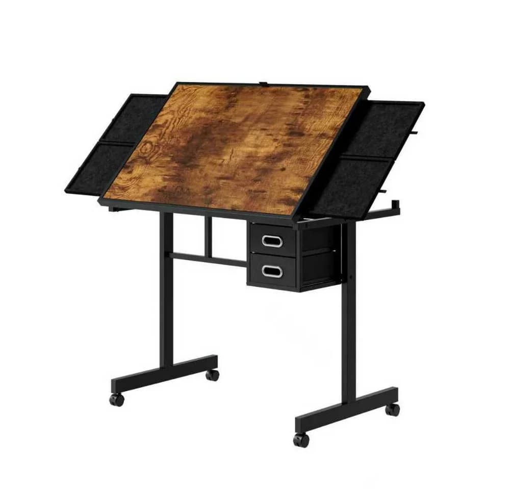 BBWL Puzzle Tisch Schwarz mit Schubladen und Rollen MDF Metall